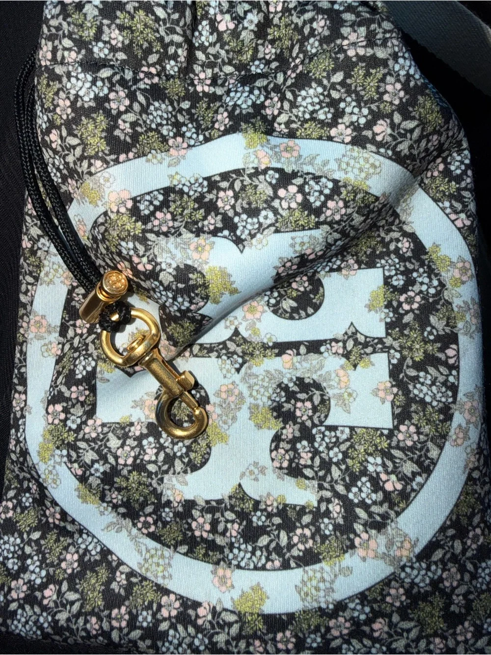 Tory Burch Floral Logo Drawstring Bag in Black and Pale Blue